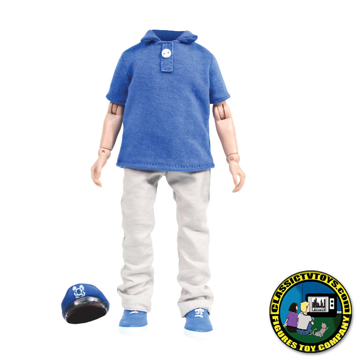 blue shirt with tan pants