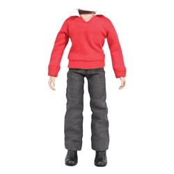 red sweater grey pants